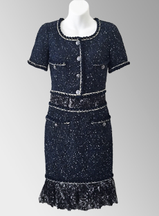 CHANEL 12P Midnight Tweed Boucle Silk Dress