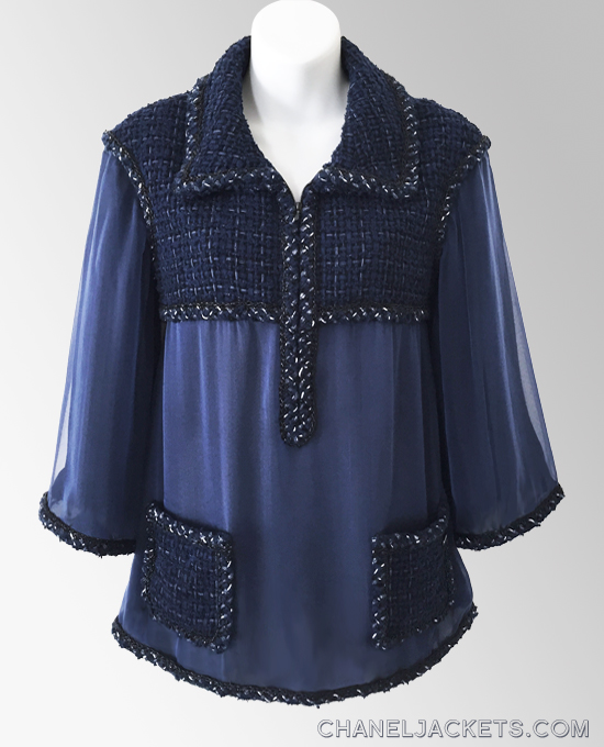 CHANEL 13P Cerulean Blue Pearl Button Long Sleeve Pleated Tunic