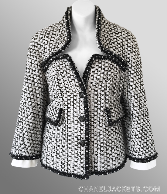Chanel White and Black Runway Tweed Jacket with Pearl Detail FR 42